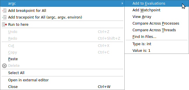 Source code viewer variables context-menu options