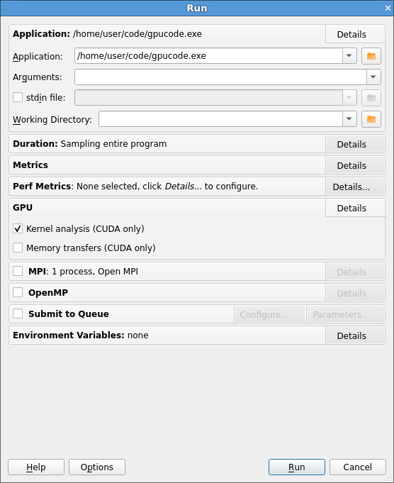Run dialog with CUDA memory transfers checkbox