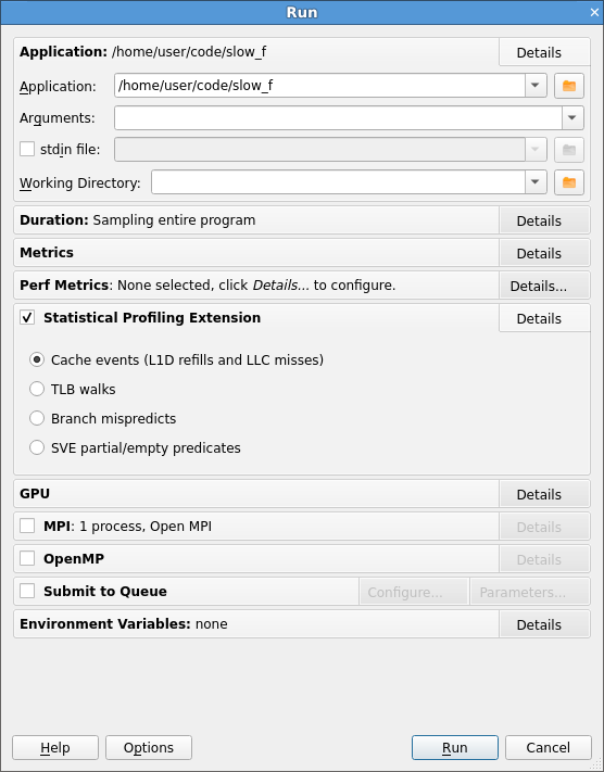 The Run dialog with SPE profiling enabled