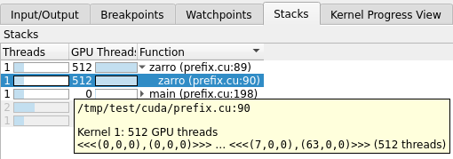 GPU threads in the Parallel Stack View