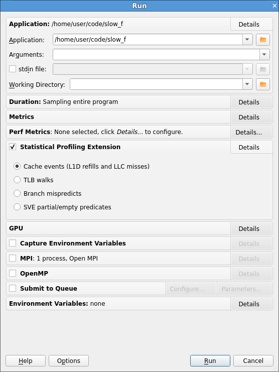 The Run dialog with SPE profiling enabled