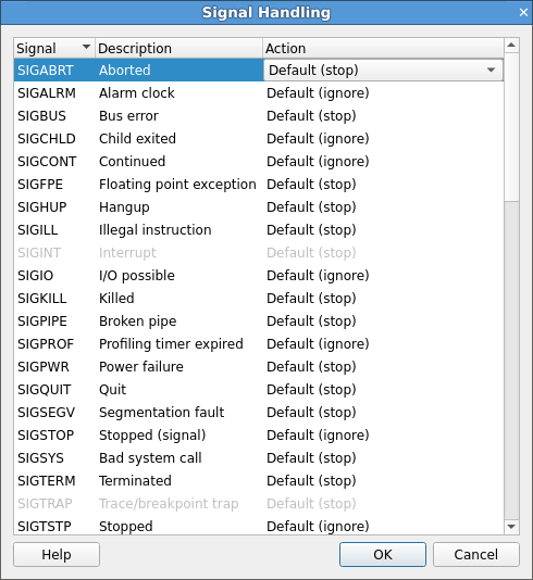 Signal Handling dialog