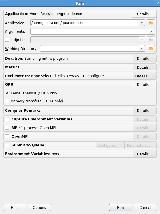 Run dialog with CUDA memory transfers checkbox