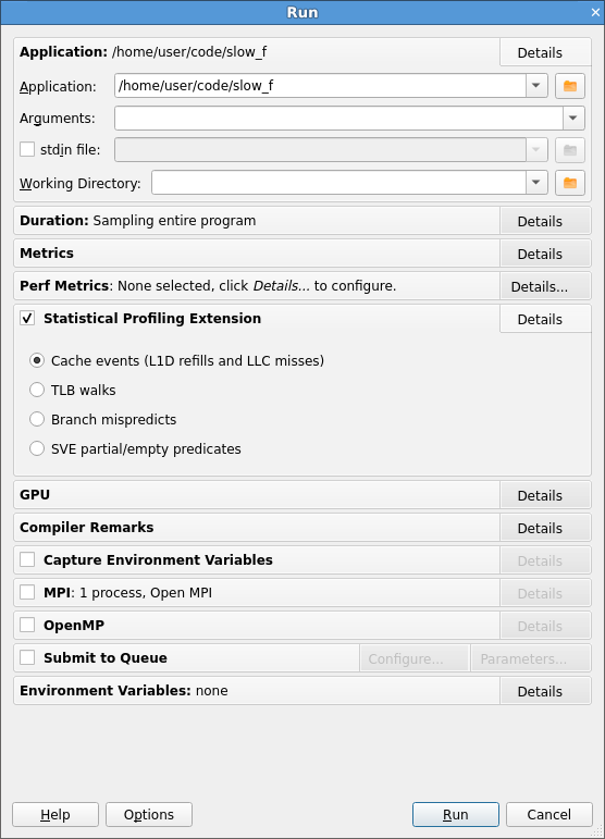 The Run dialog with SPE profiling enabled