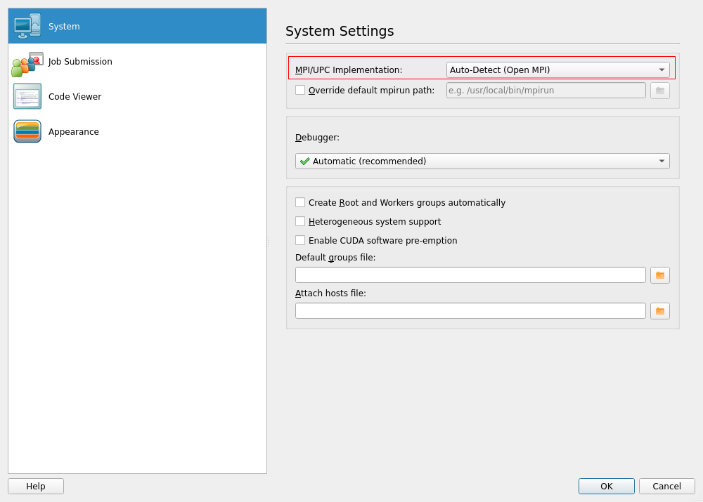 Setting the MPI Implementation in System Settings