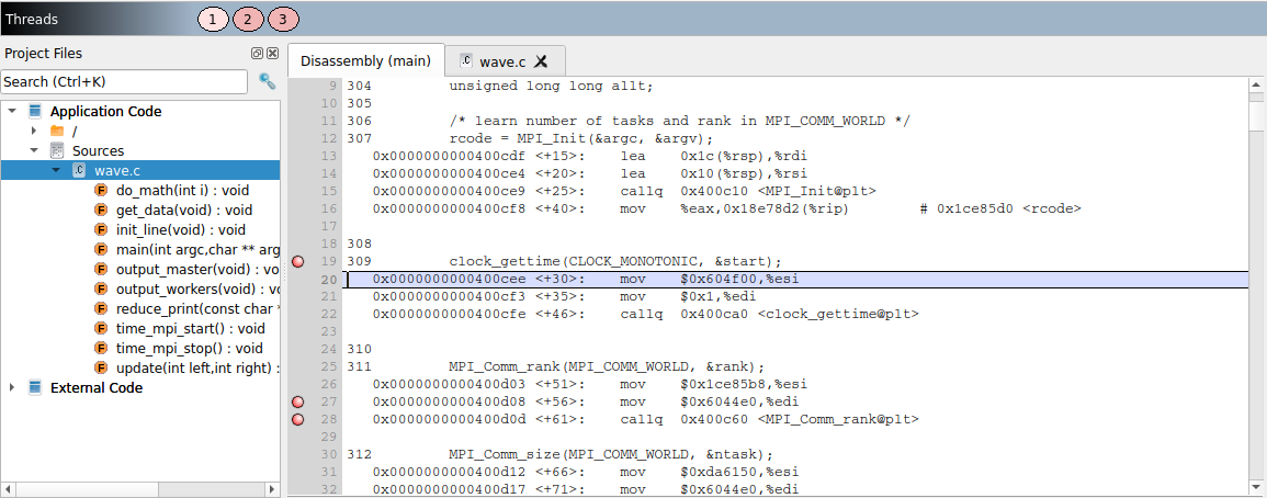 Disassembly viewer tab showing symbol with interleaved source code