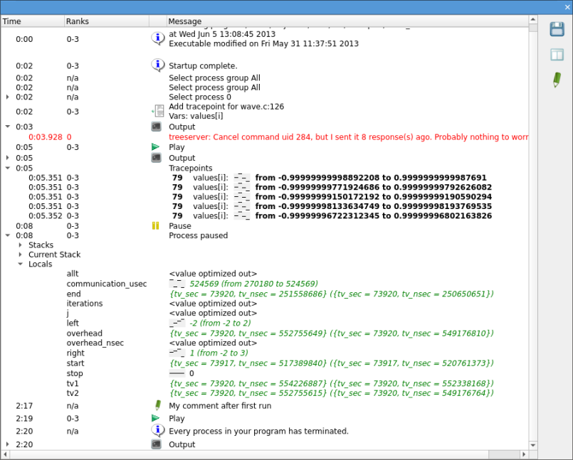 Logbook example of a debug session