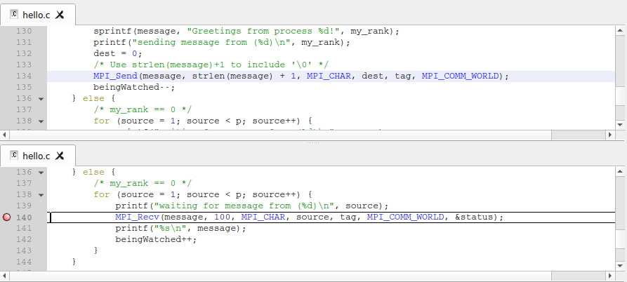 Source code with a split view of multiple files